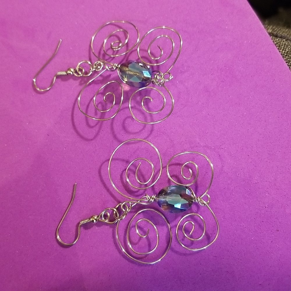 Boho Silver Swirl Butterfly With Blue Crystal Accent Earrings